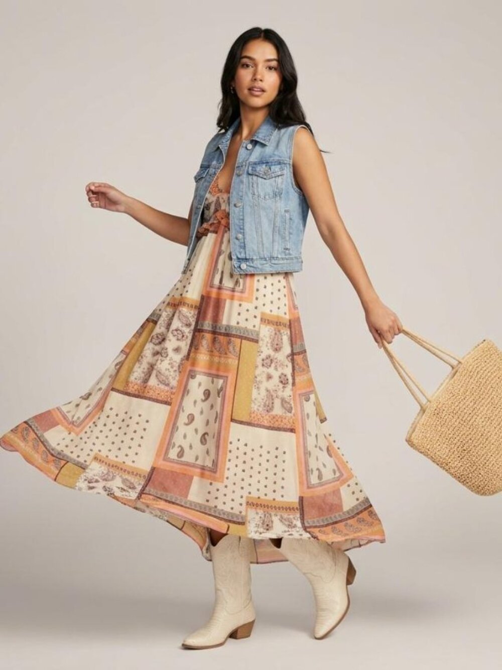 Zara Patchwork Paisley Printed Long Dress Ruffled Straps Small